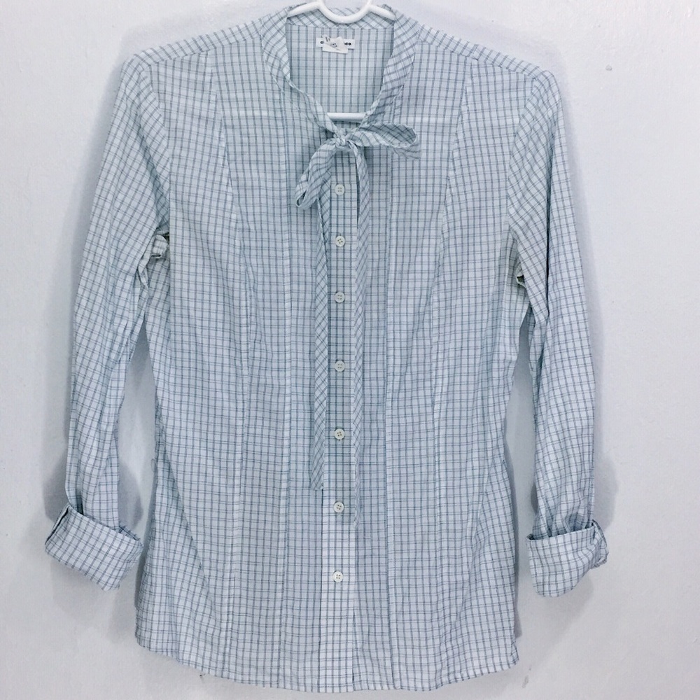 Club Monaco Windowpane Print Tie Neck Blouse